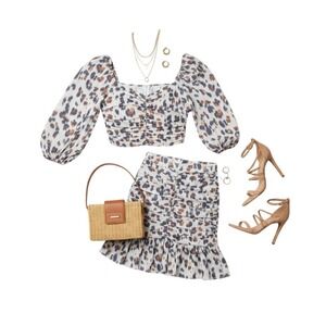 Nocturne Top and Mini Skirt Set Womens XS Abstract Animal Print Ruched